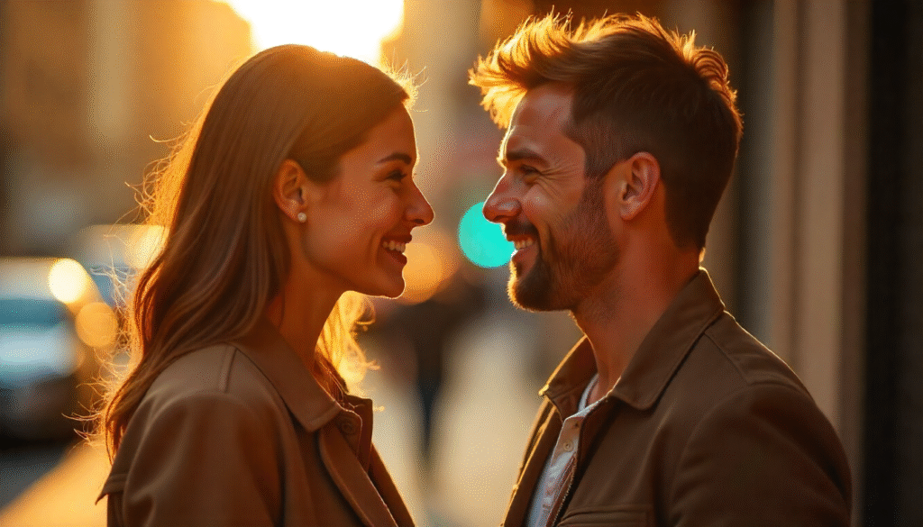 A couple smiling and talking, representing healthy communication in relationships.
