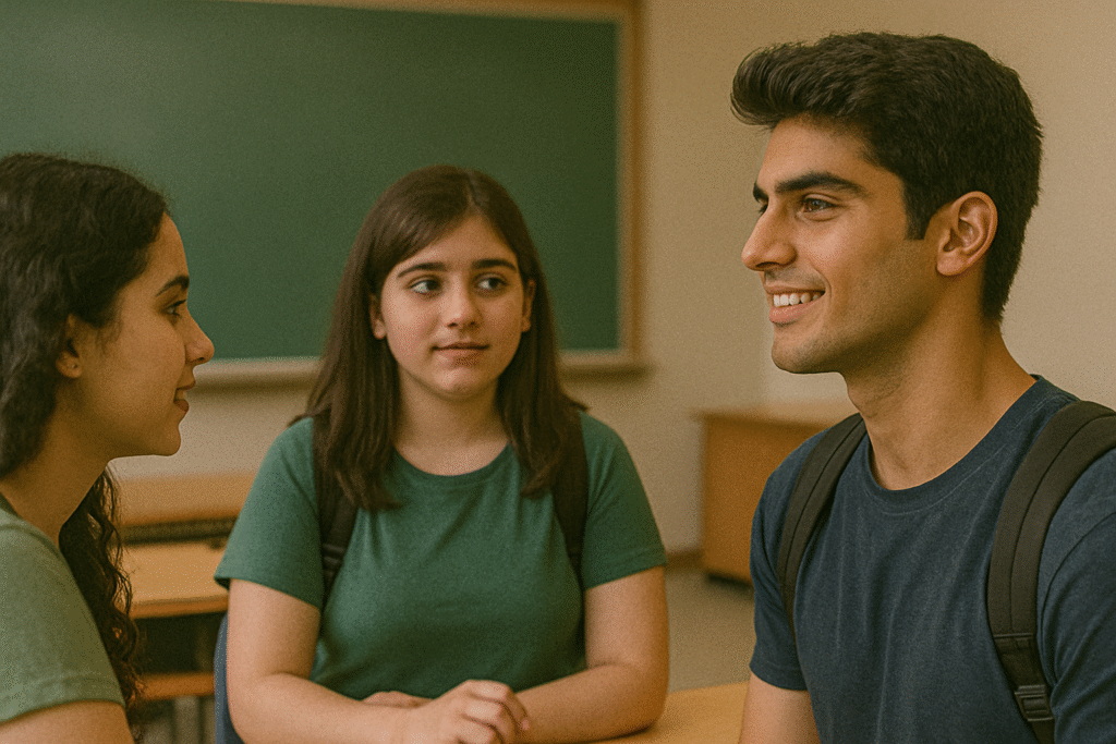 Girl glancing at her crush in college